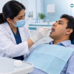 Dentist examining a patient's mouth to identify oral health problems and possible signs of oral cancer.